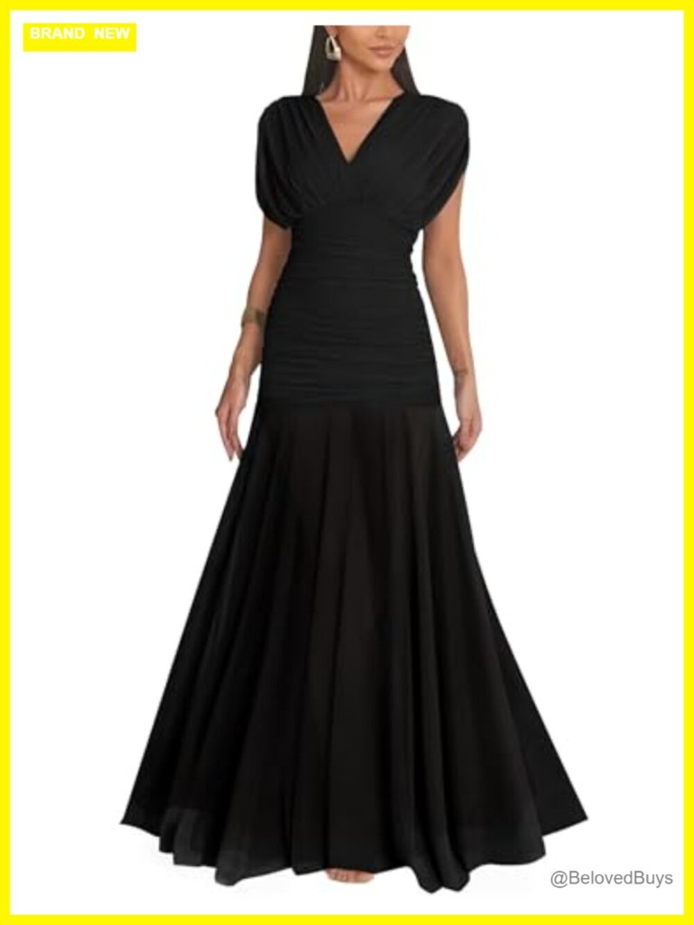 Elegant V Neck Bodycon Ruched Maxi Dress with Mesh Cap Sleeves